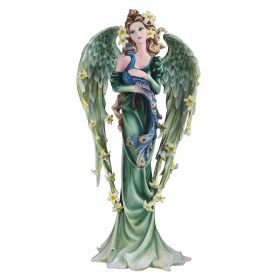 21.5"H Green Spring Angel with Peacock Figurine Large Sculpture Home Decor Gift