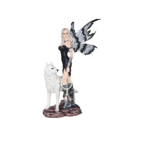 22.25"H Black Fairy Holding Dream Catcher with Snow Wolf Figurine Large Sculpture Home Decor Gift