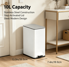 10L White Stainless Steel Step Trash Can, Foot Pedal Garbage Bin with Soft Close Lid