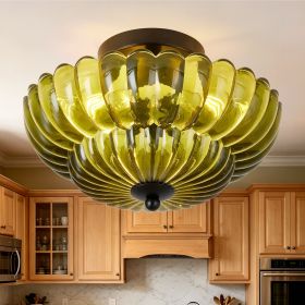 Semi Flush Mount Ceiling Light, Green Glass Ceiling Light Fixture, 3-Bulb Modern Black Close to Ceiling Light