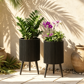 Set of 2 Decorative Flower Pots with Stand And Drainage Holes - Indoor Outdoor Plant Pots with Stand for Home Decor