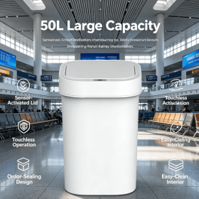 Large 50L Touch Free Sensor Waste Bin, Automatic Open Lid Plastic Trash Can