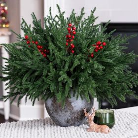 15 PCS Norfolk Pine Stems with Red Berries Branches,19 Inch Christmas Real Touch Artificial DIY Pine Needles