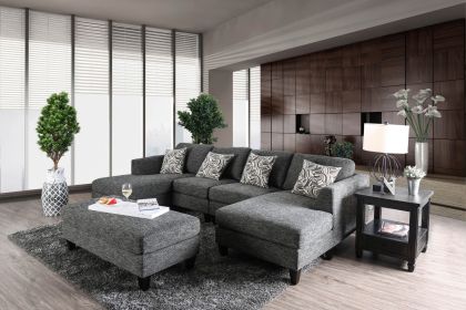 Gray Chenille 5pc Sectional Set Living Room Furniture Pillows Armless Chair Ottoman Chaise Plush Couch Sectionals