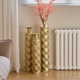 Semi-Handmade Metal Floor Vase Set of 3, Gold-Plated Geometric Diamond Pattern Vases, 33.5/29.5/25.2 Inch Large Decorative Vases for Living Room