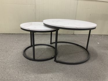 27.6" Nesting Coffee Table Set of 2, Round Coffee Table Wood Marble Pattern Top with Sturdy Metal Frame