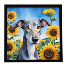 Greyhound in Sunflowers Framed Metal Print Bathroom, Kitchen, Office, Home Decor Wall Art Ready to Hang, Square, 8X8