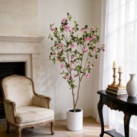 6FT Artificial Bougainvillea Tree with Black Plastic Pot, Realistic Fake Flowering Tree for Indoor Home Office Decor, Potted Faux Plant, 1pc/set (Option: Green Leaves,Pink)