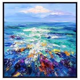 Modern Artist Painted Abstract Dark Blue Sea Oil Painting On Canvas Wall Art Frameless Picture Decor For Living Room Home Gift (size: 150x150cm)