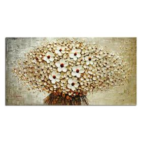 100% Hand-painted modern home decor wall art picture a bunch of beige flowers thick paint palette knife oil painting on canvas (size: 75X150CM)