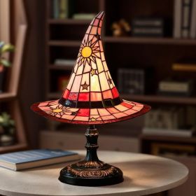 Lamps, Handcrafted Stained Glass Resin Wizard Hat Light Gothic Table Lamp for Halloween Decor, Spooky Night Light for Bedroom and Indoor Parties (Color: Red)