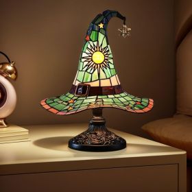 Lamps, Handcrafted Stained Glass Resin Wizard Hat Light Gothic Table Lamp for Halloween Decor, Spooky Night Light for Bedroom and Indoor Parties (Color: Green)